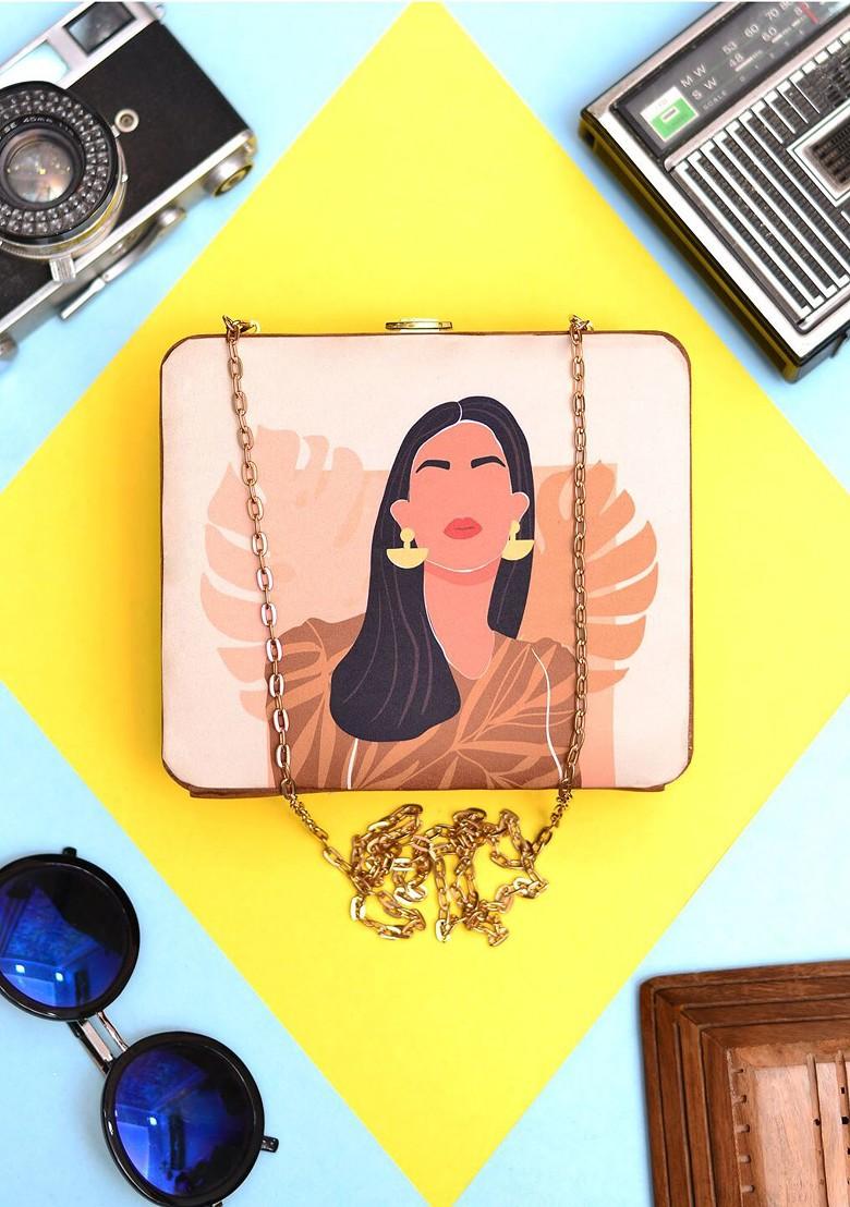 Cream Fabric Printed Mdf Box Clutch - Indya