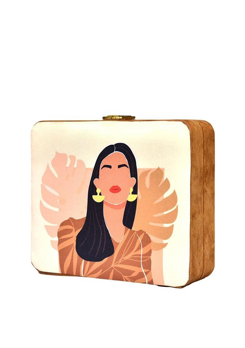 Cream Fabric Printed Mdf Box Clutch - Indya
