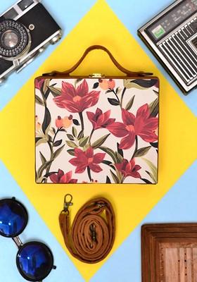 Red Fabric Printed Suitcase Style Box Clutch