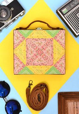 Yellow Fabric Printed Suitcase Style Box Clutch