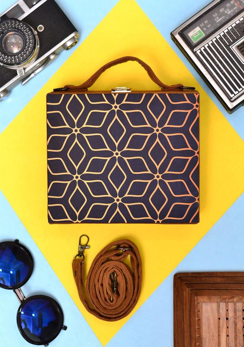 Black Satin Rustic Floral Symmetrical Suitcase Style Box Clutch - Indya