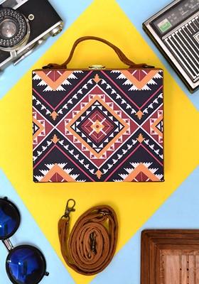 Black Fabric Symmetrical Printed Suitcase Style Box Clutch