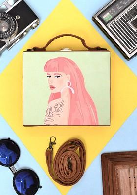 Green Fabric Coral Hair Women Printed Suitcase Style Box Clutch