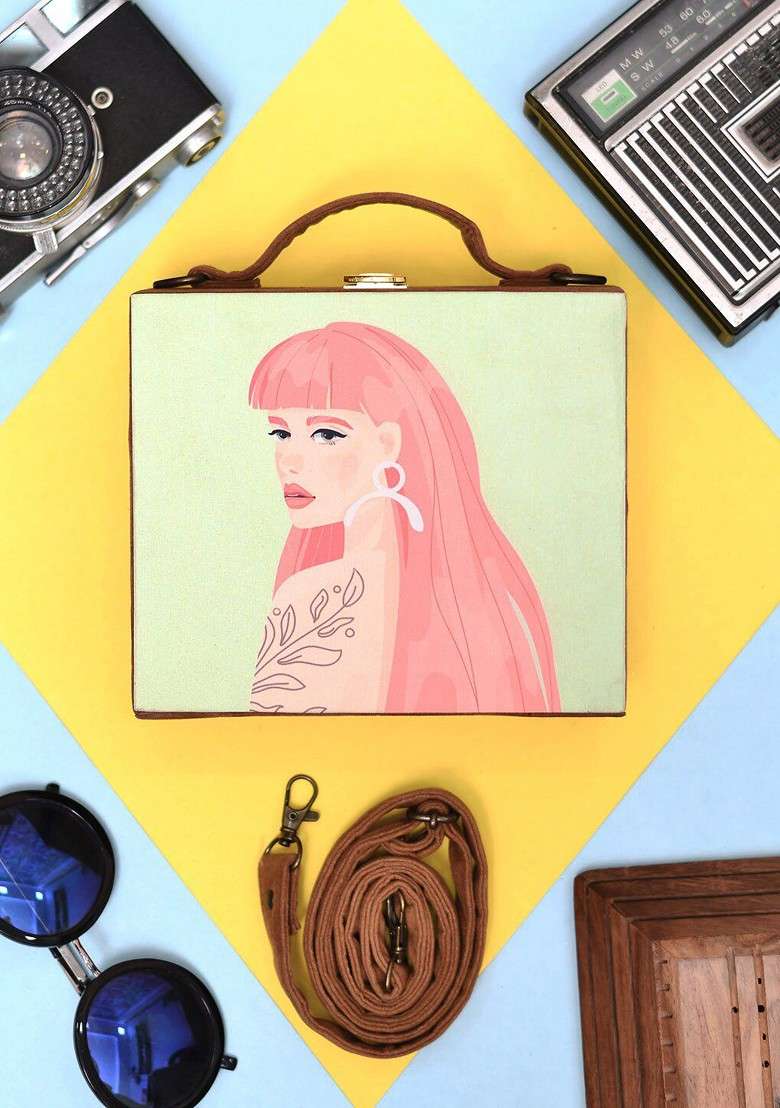 Green Fabric Coral Hair Women Printed Suitcase Style Box Clutch - Indya