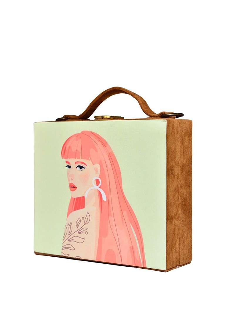 Green Fabric Coral Hair Women Printed Suitcase Style Box Clutch - Indya