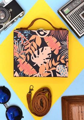 Black Fabric Printed Suitcase Style Box Clutch