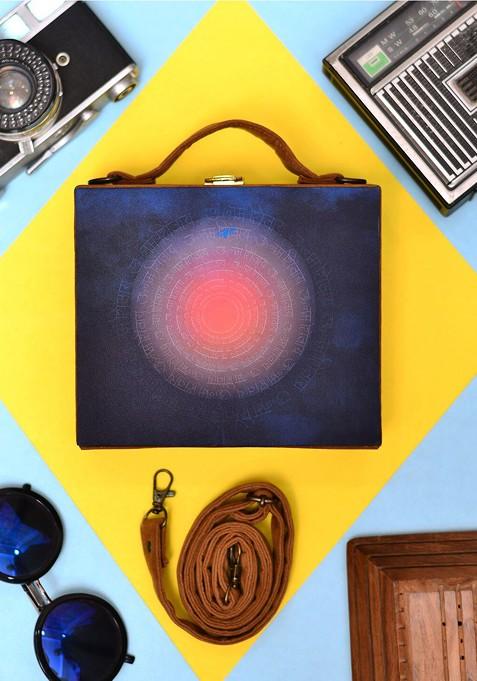 Blue Fabric Chanting Printed Suitcase Style Box Clutch