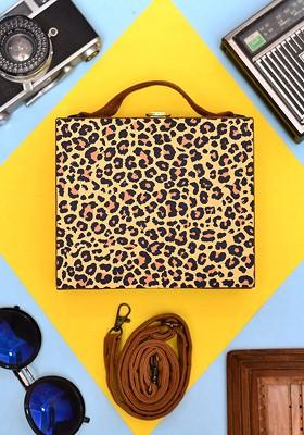 Yellow Fabric Leapord Printed Suitcase Style Box Clutch