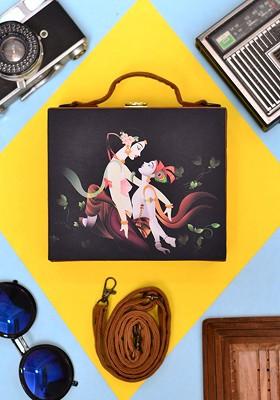 Black Fabric Printed Suitcase Style Box Clutch