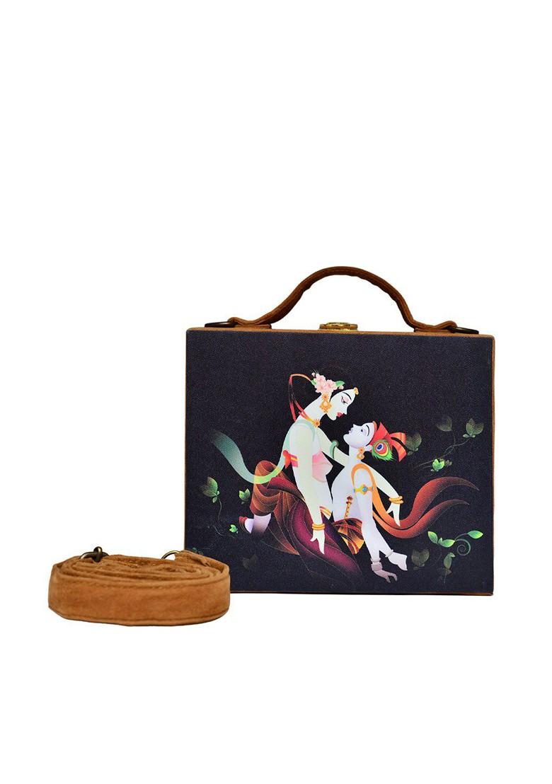 Black Fabric Printed Suitcase Style Box Clutch - Indya