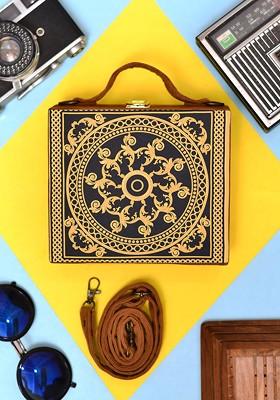 Black Fabric Printed Suitcase Style Box Clutch