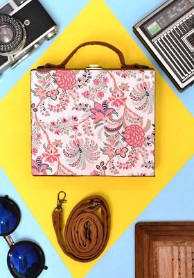 Cream Fabric Floral Printed Suitcase Style Box Clutch