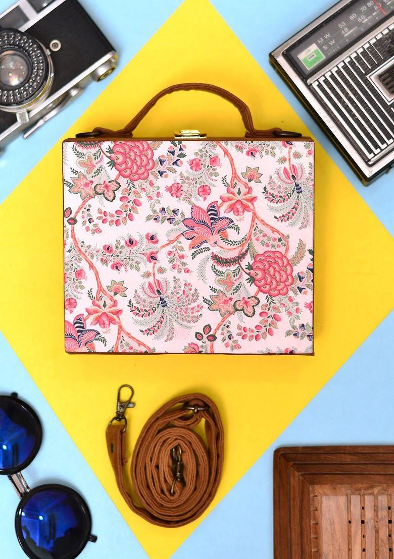Cream Fabric Floral Printed Suitcase Style Box Clutch - Indya