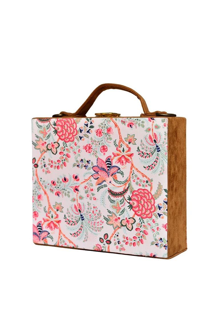 Cream Fabric Floral Printed Suitcase Style Box Clutch - Indya