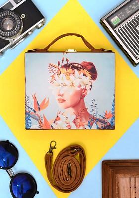 Blue Fabric Floral Printed Suitcase Style Box Clutch