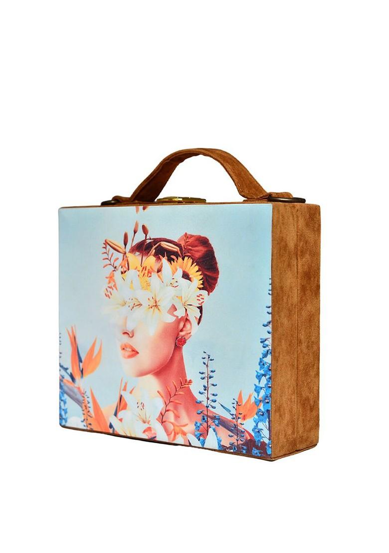 Blue Fabric Floral Printed Suitcase Style Box Clutch - Indya