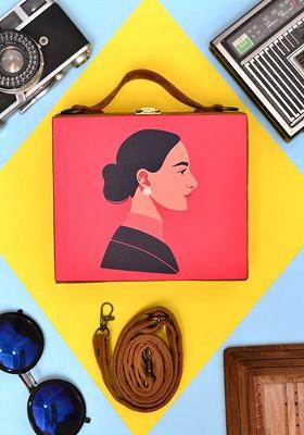 Red Fabric Portrait Printed Suitcase Style Box Clutch
