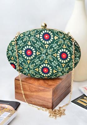 Green Fabric Floral Printed Shoulder Strap Oval Shape Box Clutch