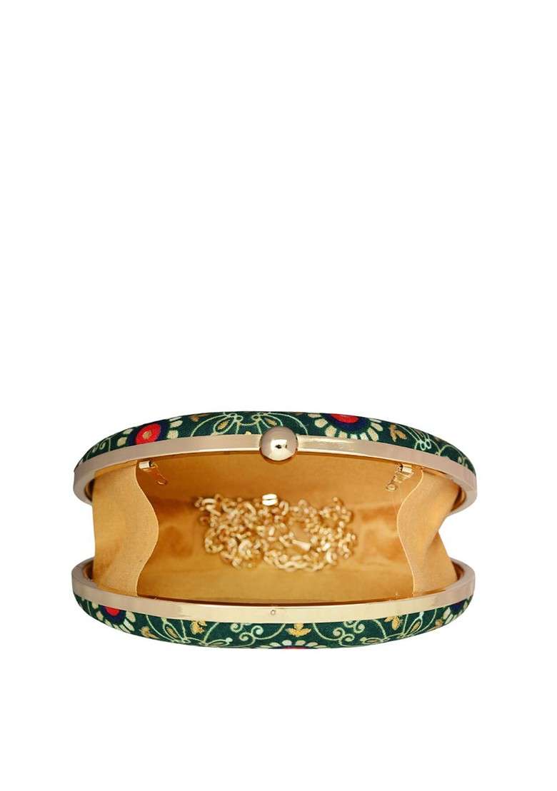Green Fabric Floral Printed Shoulder Strap Oval Shape Box Clutch - Indya