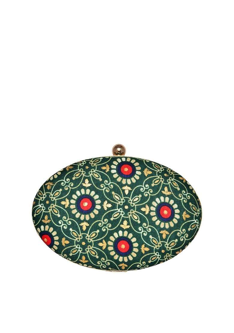 Green Fabric Floral Printed Shoulder Strap Oval Shape Box Clutch - Indya