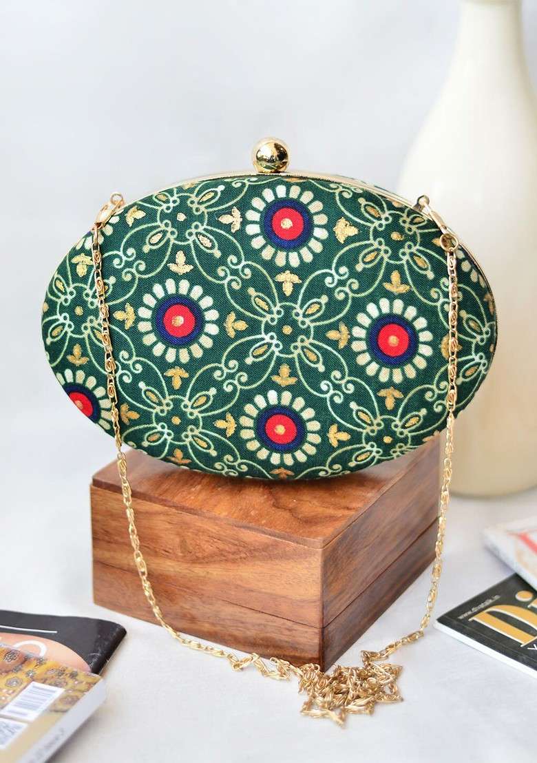 Green Fabric Floral Printed Shoulder Strap Oval Shape Box Clutch - Indya