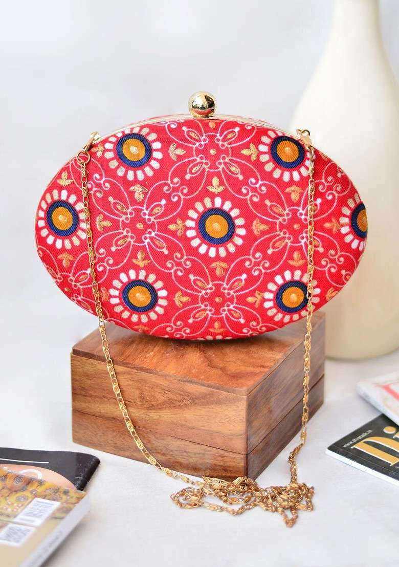 Red Fabric Floral Printed Shoulder Strap Oval Shape Box Clutch - Indya