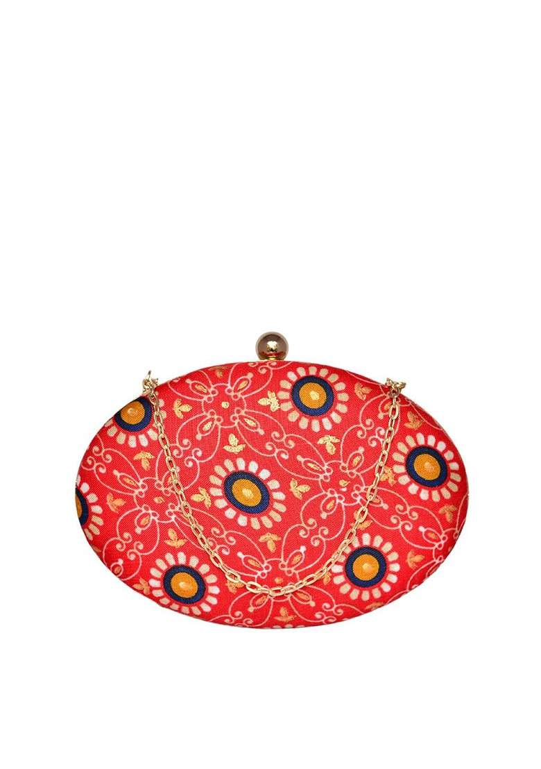 Red Fabric Floral Printed Shoulder Strap Oval Shape Box Clutch - Indya