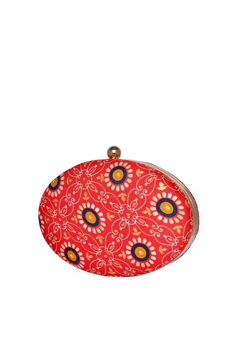 Red Fabric Floral Printed Shoulder Strap Oval Shape Box Clutch - Indya