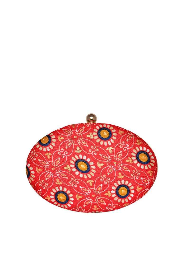 Red Fabric Floral Printed Shoulder Strap Oval Shape Box Clutch - Indya