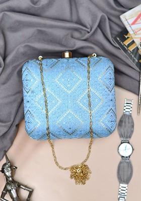 Blue Satin Embroidered Sequinned Shoulder Strap Box Clutch