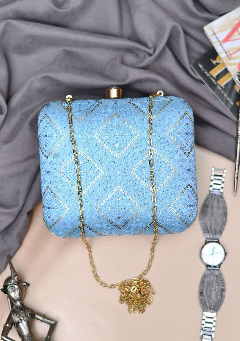 Blue Satin Embroidered Sequinned Shoulder Strap Box Clutch - Indya