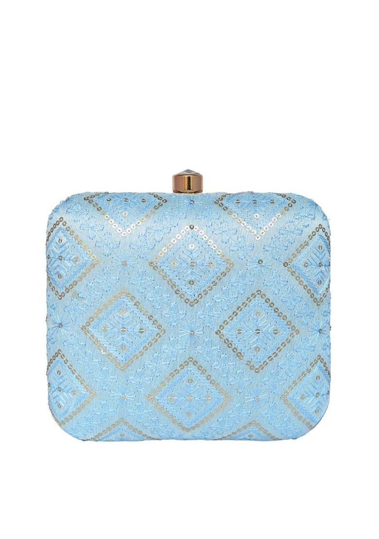 Blue Satin Embroidered Sequinned Shoulder Strap Box Clutch - Indya