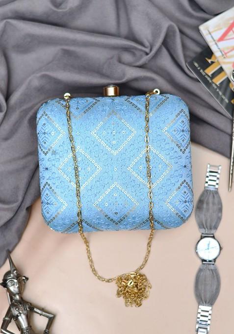 Blue Satin Embroidered Sequinned Shoulder Strap Box Clutch