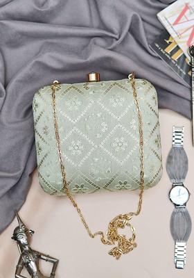 Green Satin Embroidered Sequinned Shoulder Strap Box Clutch