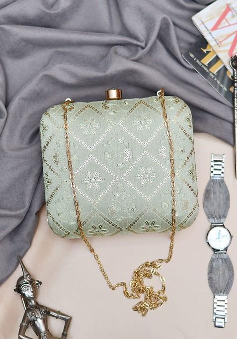 Green Satin Embroidered Sequinned Shoulder Strap Box Clutch
