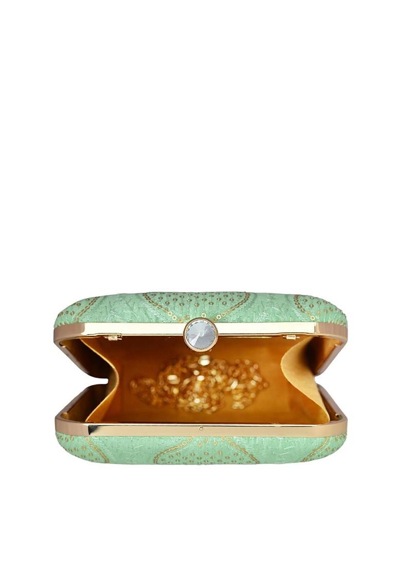 Green Satin Embroidered Sequinned Shoulder Strap Box Clutch - Indya
