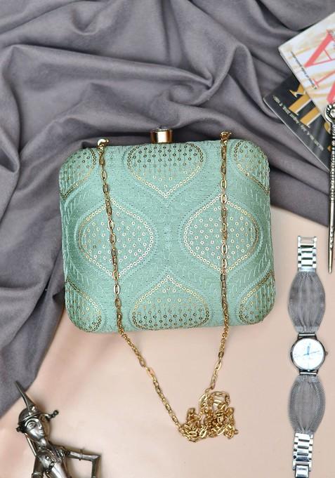 Green Satin Embroidered Sequinned Shoulder Strap Box Clutch