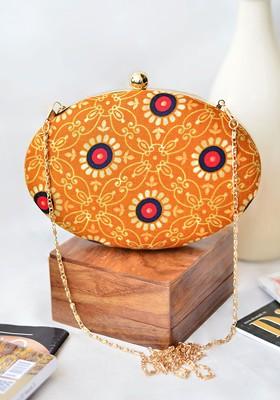 Mustard Fabric Women Printed Fabric Box Clutch