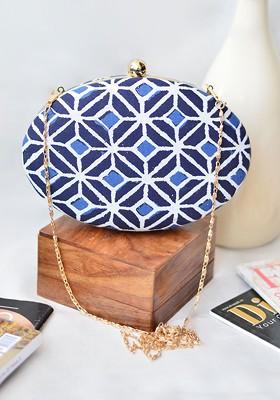 Navy Blue Fabric Women Printed Fabric Box Clutch