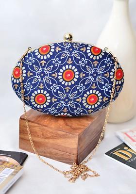 Navy Blue Fabric Women Printed Fabric Box Clutch