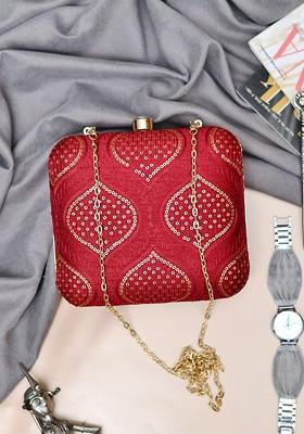 Red Satin Embroidered Sequinned Shoulder Strap Box Clutch