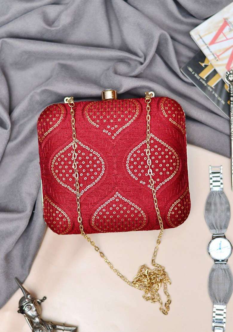 Red Satin Embroidered Sequinned Shoulder Strap Box Clutch - Indya