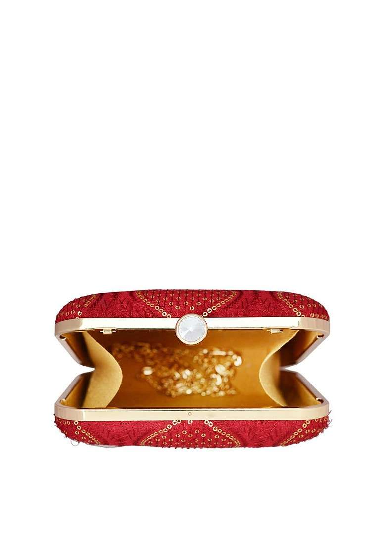 Red Satin Embroidered Sequinned Shoulder Strap Box Clutch - Indya