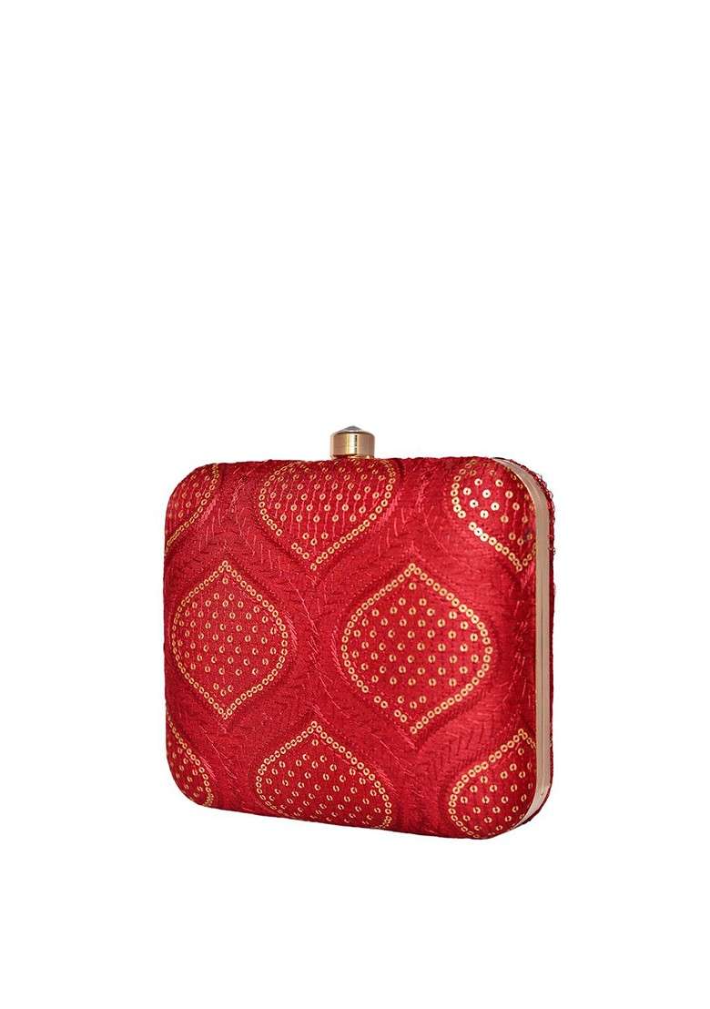 Red Satin Embroidered Sequinned Shoulder Strap Box Clutch - Indya