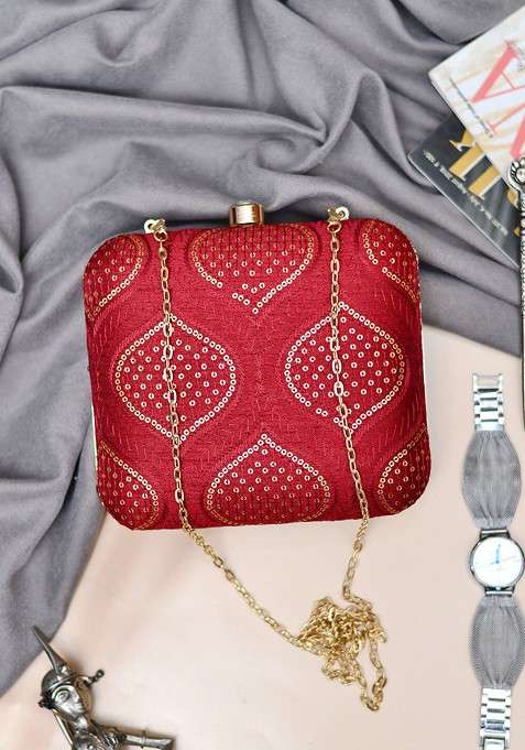 Red Satin Embroidered Sequinned Shoulder Strap Box Clutch