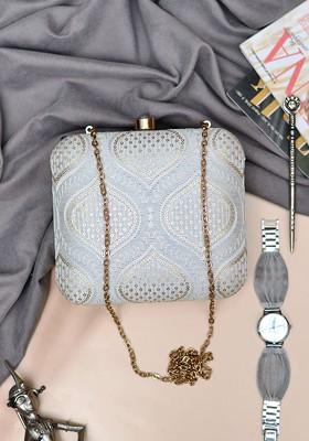 Grey Satin Women Embroidered Fabric Box Clutch