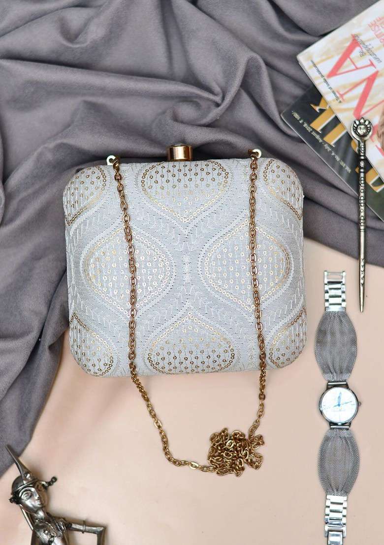 Grey Satin Women Embroidered Fabric Box Clutch - Indya