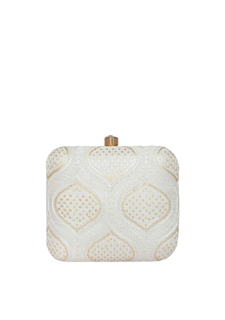 Grey Satin Women Embroidered Fabric Box Clutch - Indya