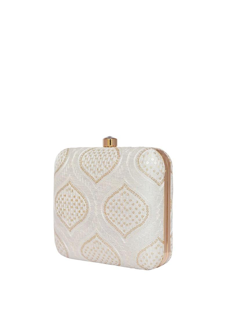 Grey Satin Women Embroidered Fabric Box Clutch - Indya