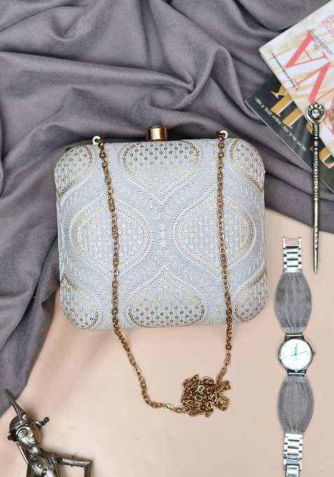 Grey Satin Women Embroidered Fabric Box Clutch